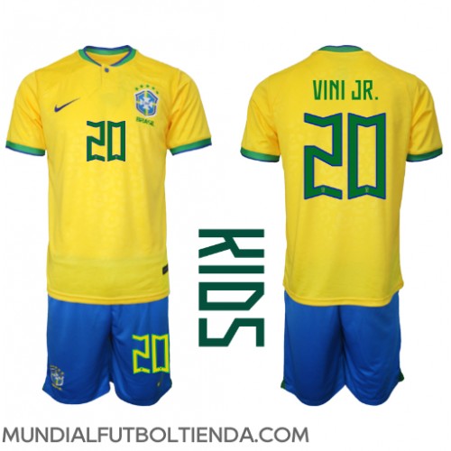 Camiseta Brasil Vinicius Junior #20 Primera Equipación Replica Mundial 2022 para niños mangas cortas (+ Pantalones cortos)